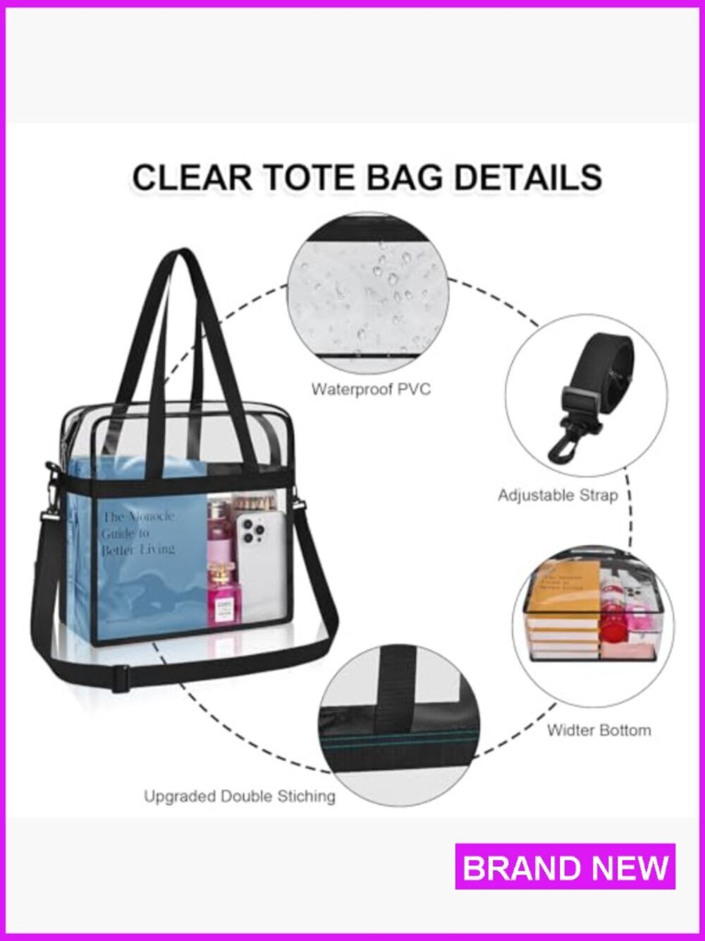 Clear Tote Bag for Stadium Events Concert Sports Festivals PVC Tote Crossbody - Picture 5 of 7